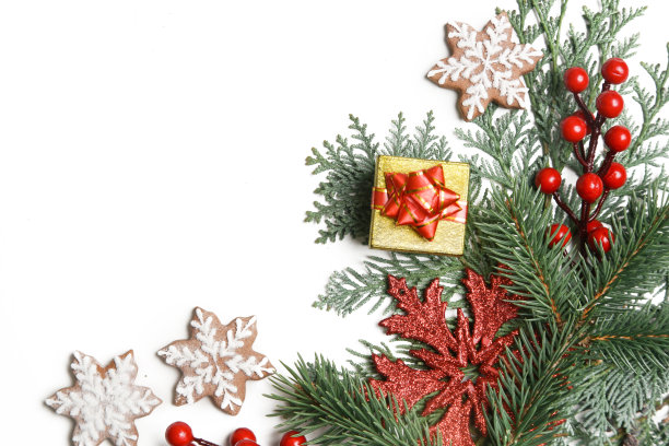圣诞装饰。圣诞树的树枝，红色的浆果和雪花形状的饼干在白色的背景。图片下载