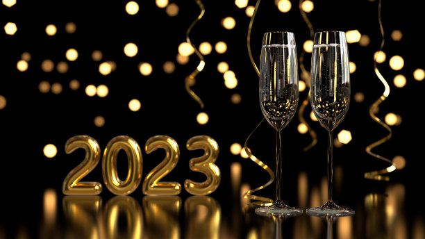 新2023年。珠宝2023号码。眼镜用香槟。金色的庆祝装饰。3 d渲染图图片下载