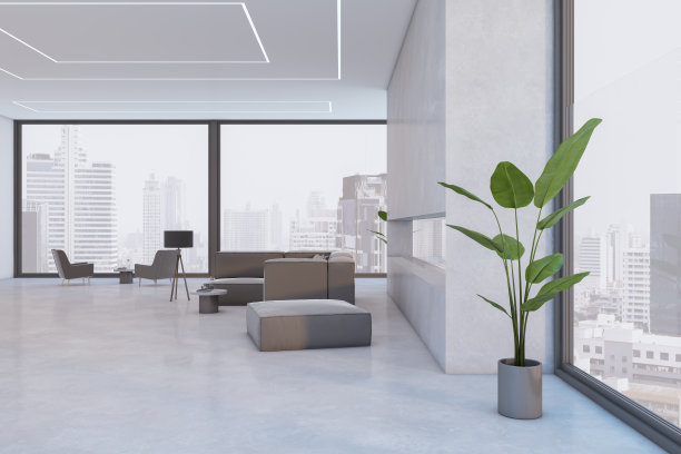 现代客厅内部有混凝土地板，家具和全景窗户，城市景观和日光。生活方式和舒适的家居理念。3 d渲染。图片下载