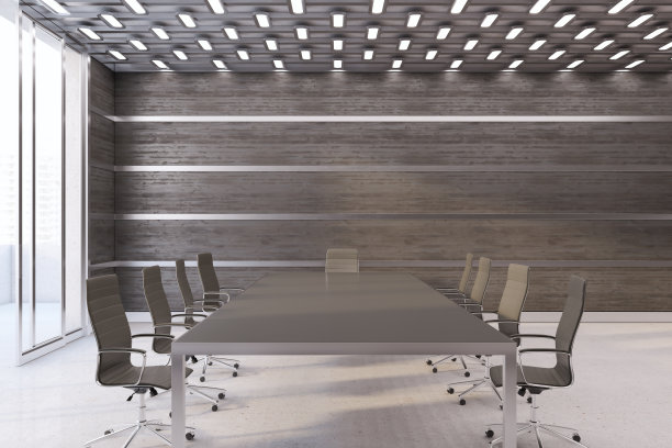 干净的房间内部，全景窗户，城市景观和家具。木质和混凝土的墙壁和地板。商业场所的概念。3 d渲染。图片下载