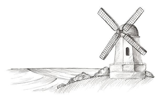 乡村景观，风车和田野。手工雕刻风格。图片下载
