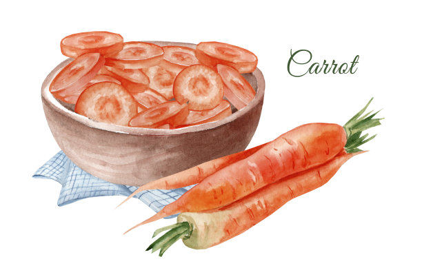 一碗切碎的胡萝卜。水彩手绘插图图片下载