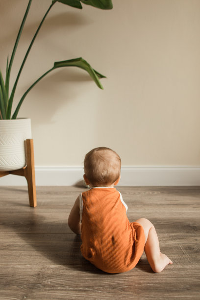 一个有12个脚趾的9个月大的流行病男婴穿着秋天的橙色衣服，在2022年秋天玩毛绒玩具南瓜图片下载