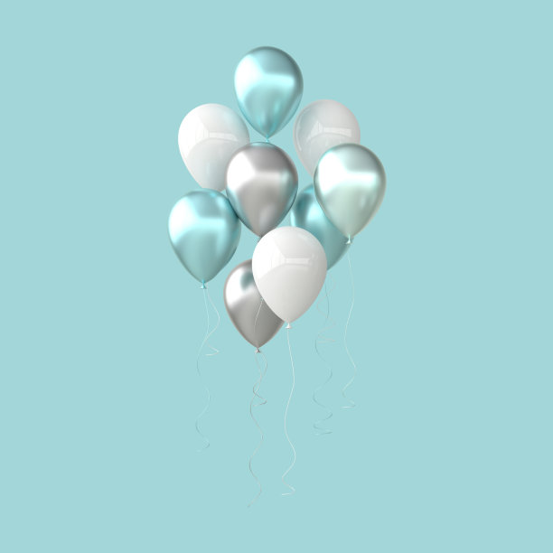 3d渲染插图的现实光泽的绿色，白色，银色气球在绿色背景。派对设计用的气球图片下载