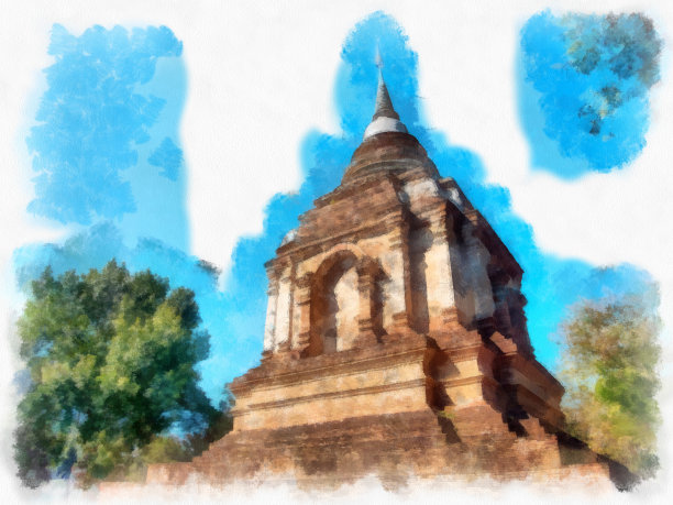 泰国北部古代建筑水彩风格插图印象派绘画。图片下载