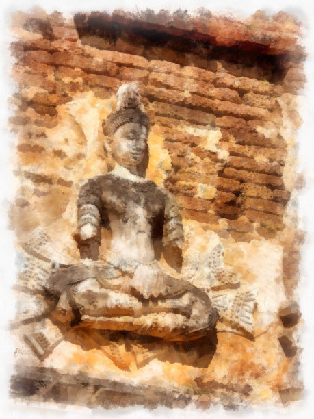 泰国北部古代建筑水彩风格插图印象派绘画。图片下载