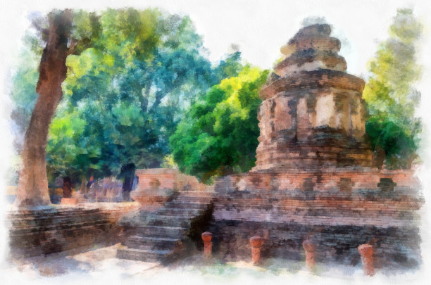 泰国北部古代建筑水彩风格插图印象派绘画。图片下载