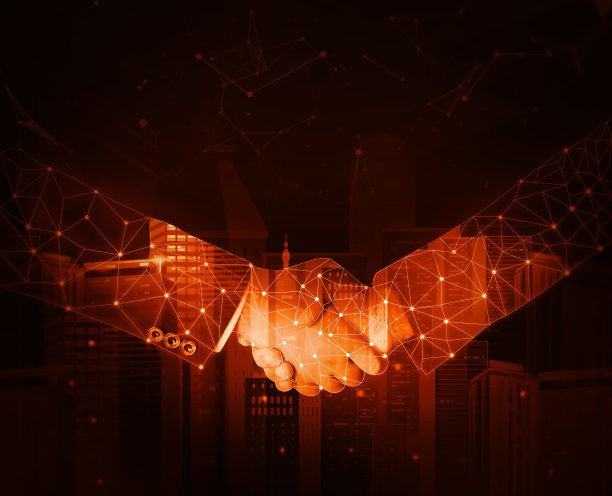现代和未来的握手技术背景与建筑。带有发光灯和节点的新技术背景图片下载