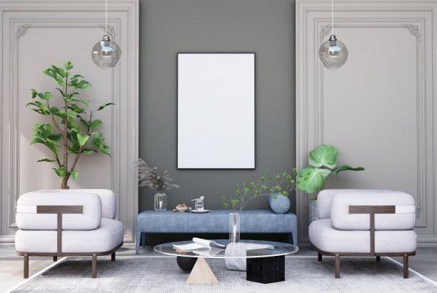 模拟海报框架在现代室内家具齐全的房间背景，客厅图片下载