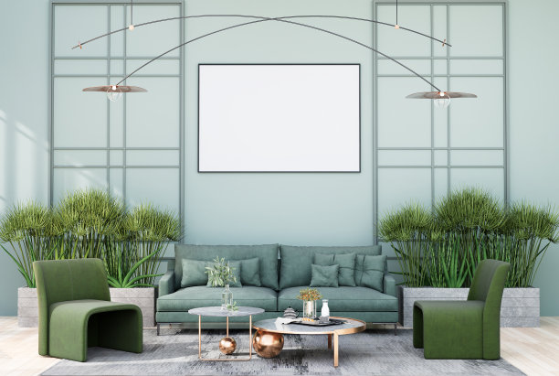 模拟海报框架在现代室内家具齐全的房间背景，客厅图片下载