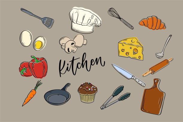 一套涂鸦厨房工具在棕色背景。涂鸦厨房设备和食物。矢量插图。图片下载