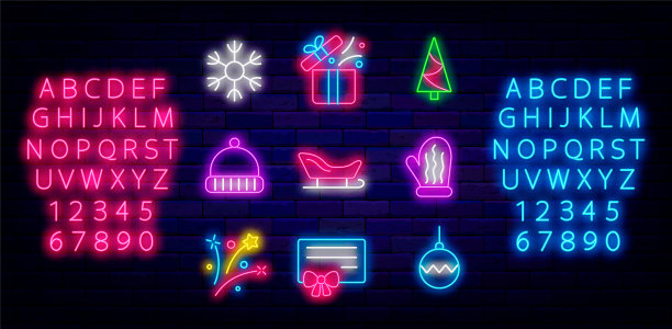 圣诞快乐新年快乐霓虹灯图标合集：礼盒和烟花矢量素材图片下载