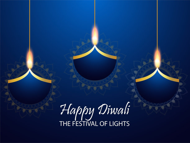 印度排灯节快乐，蓝色背景的纸排灯节图片下载