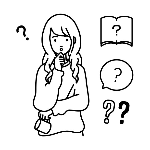 一名女士，穿着休闲装，手拿马克杯，手指放在下巴上问号图片下载