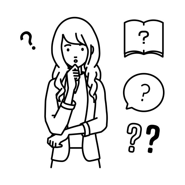 一个穿着工装外套的女人拿着一个问题站着，手指放在下巴上的问号上图片下载