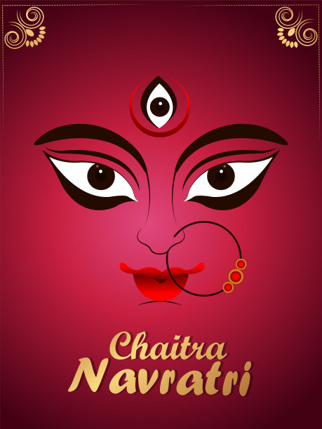 Chaitra navratri庆祝传单与女神杜尔加面部插画的创意插画图片下载