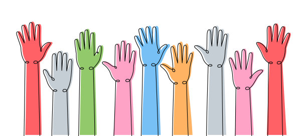 双手举起一幅彩色连续画。协作、团结连成一条彩色线插画。向量线性插图。图片下载
