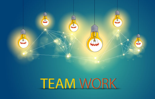 创意团队概念，一组五个闪亮的灯泡代表创意人员团队合作有想法一起工作的想法，矢量插画。图片下载