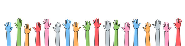 双手举起一幅彩色连续画。舆论、用户反馈连续彩色一行插图。图片下载