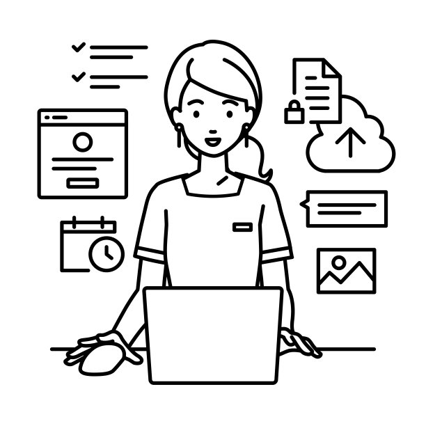 一位美学家、女接待员使用笔记本电脑浏览网站、研究、共享云上的文件、安排、管理项目、组织任务和与她办公桌上的团队沟通图片下载