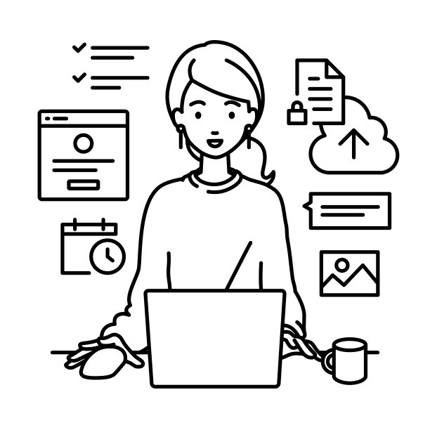 一个休闲风格的女人用笔记本电脑浏览网站，研究，在云上共享文件，安排，管理项目，组织任务，和团队在她的办公桌上用马克杯交流图片下载