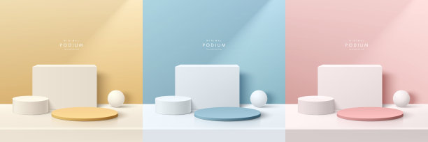 一套逼真的3d圆筒基座在黄色，蓝色，粉色，白色的背景与窗户的光影。抽象的最小场景模型产品展示，舞台展示。向量的几何形式图片下载