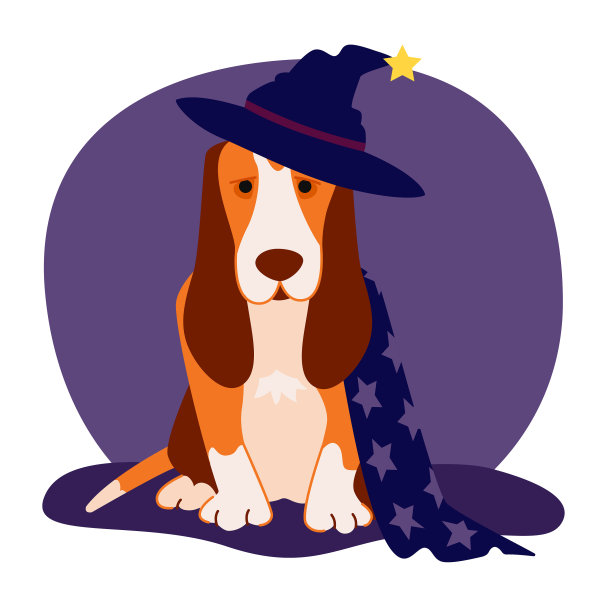 巴吉特猎犬伪装成巫师坐在地上。穿着万圣节服装的狗，外套和帽子。平面风格的动物插画。图片下载
