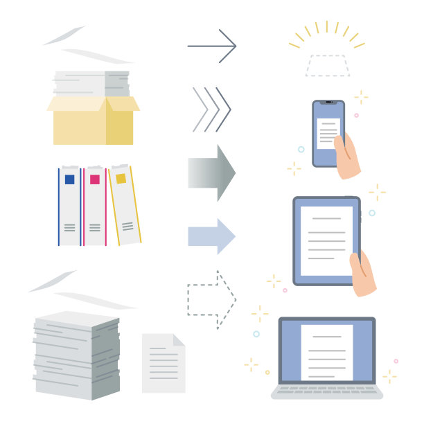 成堆的文件、箭头和智能手机、平板电脑和个人电脑等数字设备图片下载