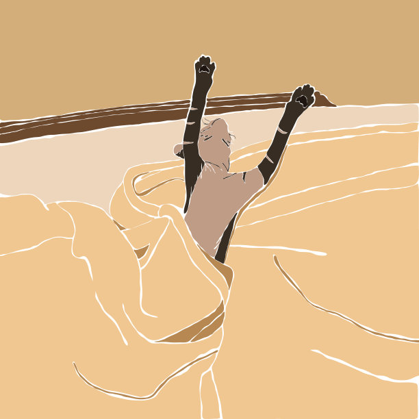 猫躺在床上伸开四肢，爪子被柔软的毯子包裹着。矢量平面插图。图片下载