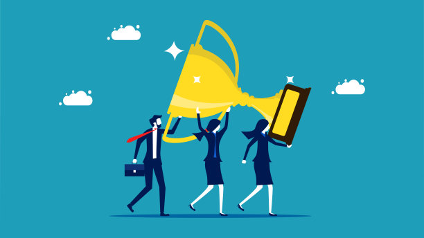 团队的成功。参与庆典业务团队的人员持有奖杯图片下载