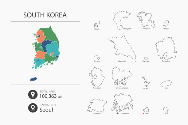 韩国地图与详细的国家地图。地图元素的城市，总面积和首都。图片下载