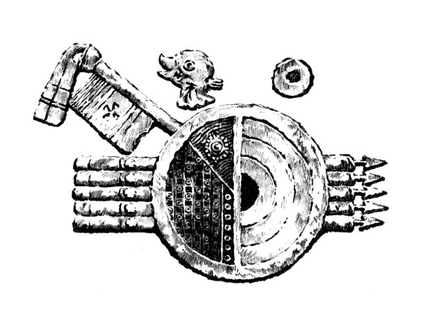 阿兹特克酋长的盾牌、旗帜、标枪;古代墨西哥浅浮雕图片下载