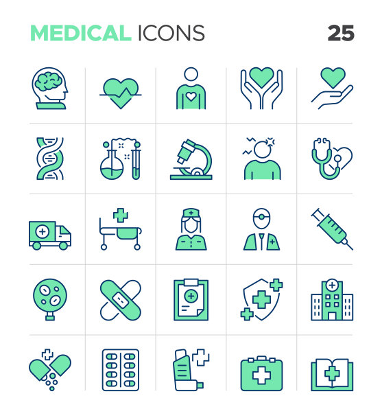 彩色医疗护理细线图标。医疗卫生标志。便于配色医疗、药品、药片、药品、处方、医院等符号收藏图片下载
