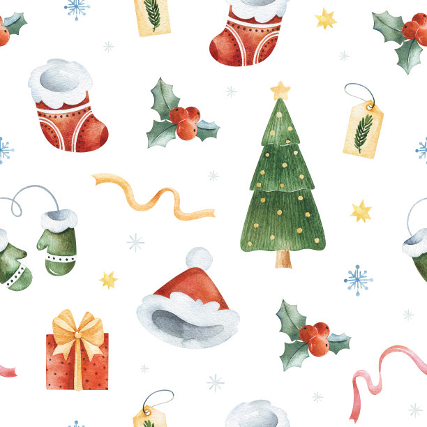 水彩圣诞快乐无缝背景图片下载