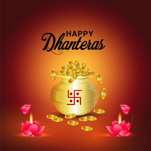 Shubh dhanteras印度节日庆祝与创意金币罐和莲花图片下载
