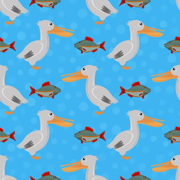 鹈鹕和鱼的图标孤立在蓝色背景。奇异的热带鸟类无缝模式图片下载