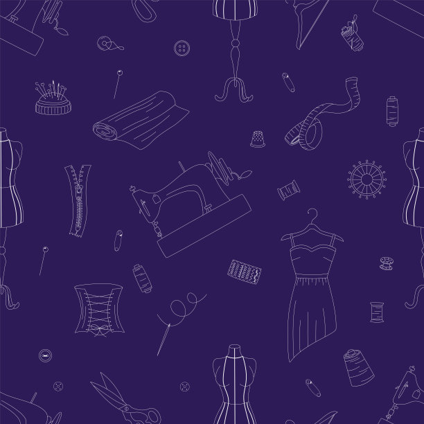 无缝模式与缝纫元素。缝纫机、衣服、纽扣、剪刀、针等。平面轮廓矢量插图。图片下载