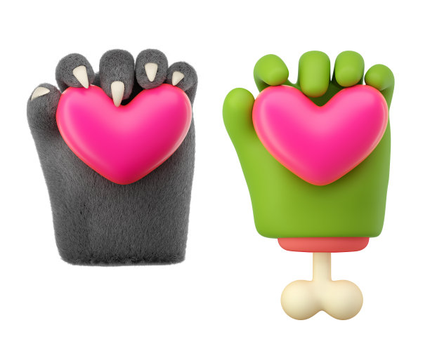 3d毛茸茸的狼和僵尸手设置在塑料卡通风格图片下载