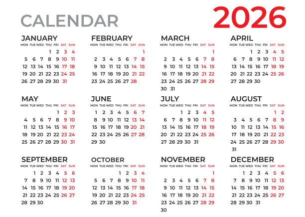 日历2026模板，规划师2026年，2026年挂历模板，周开始星期一，一套12日历，广告，印刷，组织和业务，文具，简单的最小。图片下载
