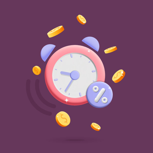 3d矢量闹钟与百分比折扣标签和金币图标设计图片下载