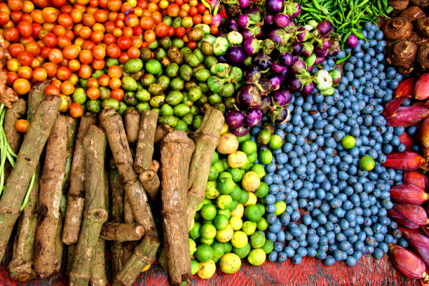 琅勃拉邦农贸市场上五颜六色的蔬菜和水果图片下载