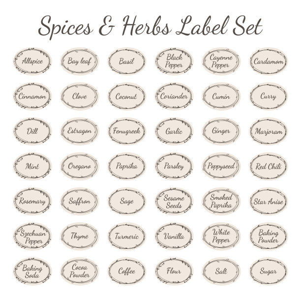 香料和草药矢量标签设置厨房罐子图片下载