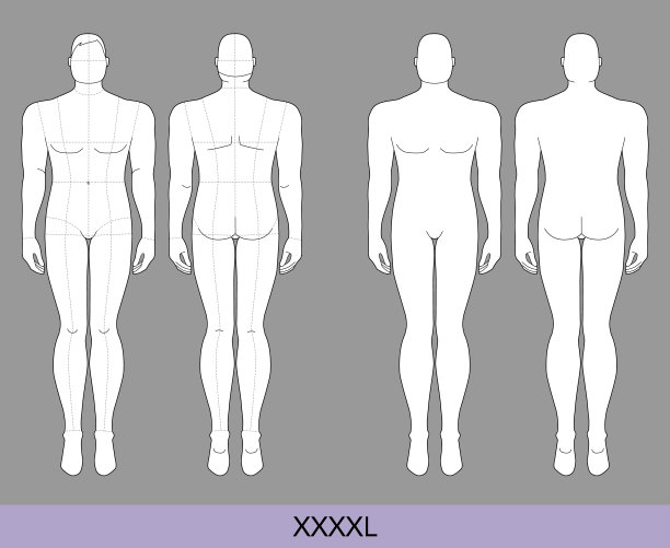 一套XXXXL男士时装模板超大9头大小Croquis加上大小绅士模型曲线身材的前，后视图。矢量轮廓男孩为时装设计，插图，技术图纸图片下载