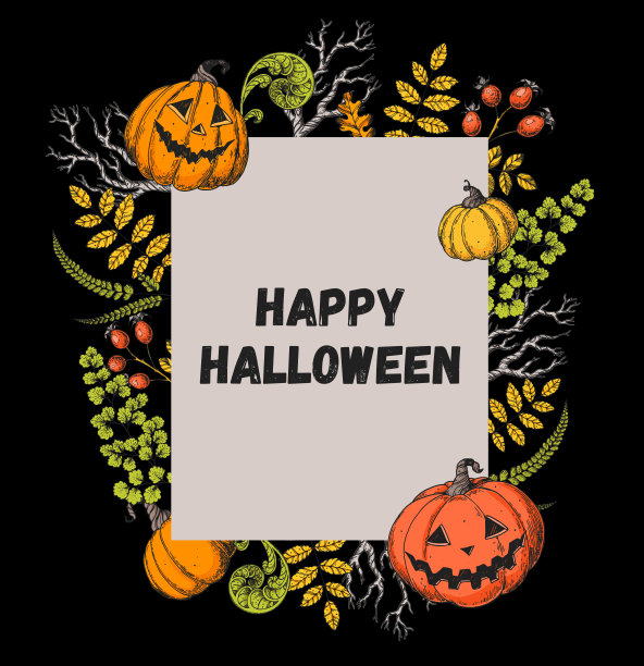 万圣节快乐。南瓜灯，秋叶插图。。贺卡。万圣节的标签。手绘矢量插图。设计模板。卡通风格。图片下载