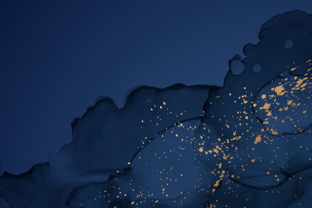 水彩背景与抽象海军蓝墨水波浪和金色飞溅。图片下载