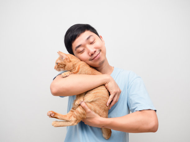 亚洲男子抱着他的橙色的手猫感到高兴图片下载