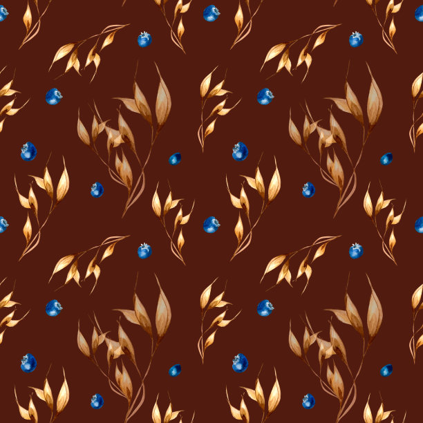 黑麦小穗，蓝莓水彩秋季无缝图案上暗。图片下载
