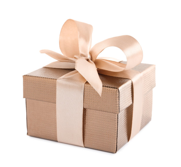 闪亮的礼品盒与金色蝴蝶结在白色背景图片下载
