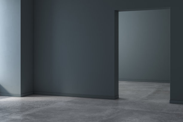 没有家具的室内3D渲染图。简约的深蓝色室内设计，舒适的家。三维渲染图片下载