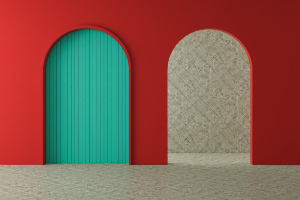 彩色的3d渲染的家庭内部没有家具。蓝色和红色的背景和拱门。图片下载